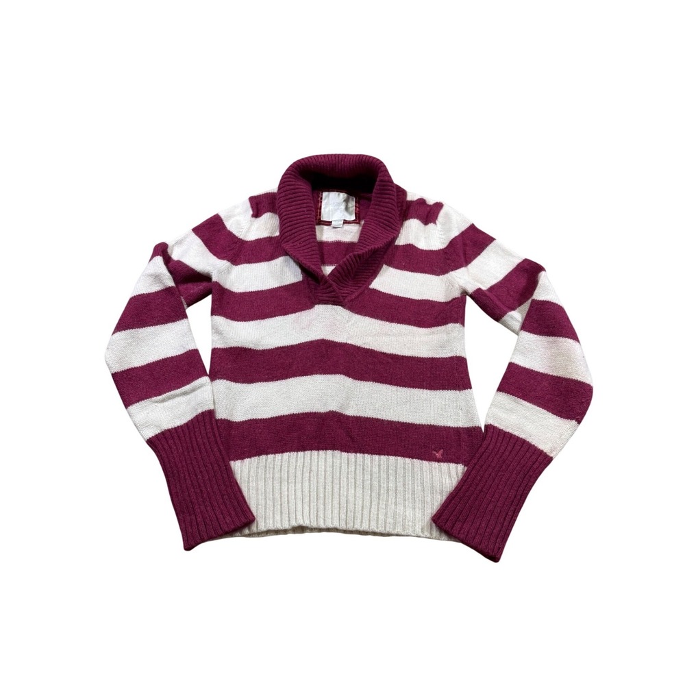 American Eagle Shawl Collar Sweater Striped Knit Y2K 2000s Preppy Coastal Large‎